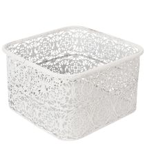 Artículo Cuencos metálicos con diseño de encaje, recipiente decorativo, cuadrados, estilo shabby chic, blancos, 27/23/19 cm, 13,5 cm de alto, juego de 3