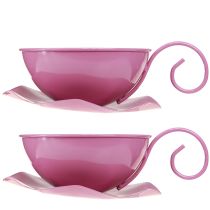 Artículo Taza de metal Ø16cm H9cm taza decorativa con platillo rosa 2ud