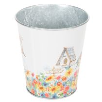 Artículo Maceta de metal con motivo, maceta con casitas para pájaros, cubo de hojalata H13cm Ø11.5cm