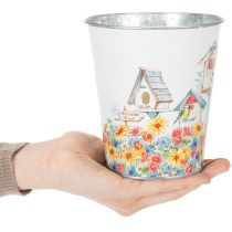 Artículo Maceta de metal con motivo, maceta con casitas para pájaros, cubo de hojalata H13cm Ø11.5cm