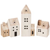 Artículo Mini pueblo navideño de madera blanco natural H13/7cm 6 piezas