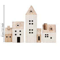 Artículo Mini pueblo navideño de madera Blanco natural 13/7cm 6pzs