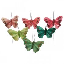 Artículo Mini mariposa sobre alambre rojo, verde 6,5cm 12 piezas