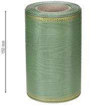 Artículo Cinta decorativa de moiré para coronas, color verde salvia con borde dorado, 150 mm x 25 m, ideal para arreglos florales y coronas.