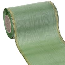 Artículo Cinta decorativa de moiré para coronas, color verde salvia con borde dorado, 150 mm x 25 m, ideal para arreglos florales y coronas.