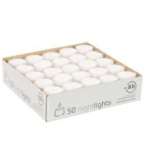 Artículo Velas nocturnas tipo té, blancas, en bandeja de plástico, 8 horas de duración, 50 unidades.