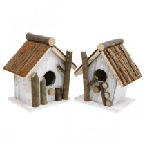 Caja nido decorativa, casita para pájaros para decorar, decoración primaveral blanco, natural H14,5/15,5cm juego de 2