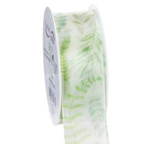 Artículo Cinta de organza, cinta de gasa, verde con zarcillos de hojas, 40 mm de ancho, 15 m de largo