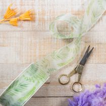 Artículo Cinta de organza, cinta de gasa, verde con zarcillos de hojas, 40 mm de ancho, 15 m de largo