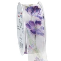 Artículo Cinta de organza, cinta de gasa, tulipanes loro, morado, 40 mm, 18 m