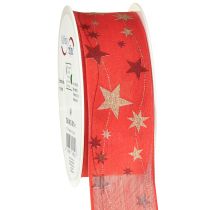Artículo Cinta navideña cinta roja con estrellas borde de alambre 40mm 15m