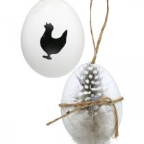 Decoraciones de Pascua, huevos de gallina para colgar, huevos decorativos pluma y pollo, marrón, azul, blanco juego de 6
