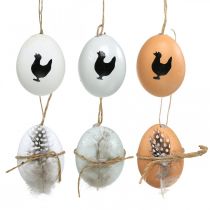 Decoraciones de Pascua, huevos de gallina para colgar, huevos decorativos pluma y pollo, marrón, azul, blanco juego de 6