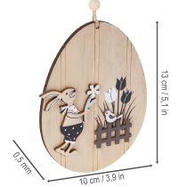 Artículo Huevos de Pascua colgantes, huevo de madera con conejo, blanco natural, 13 cm, 6 unidades