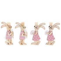 Artículo Pinzas decorativas de conejito de Pascua, adornos de madera rosa y blanco para Pascua, 7,5 cm, 4 piezas