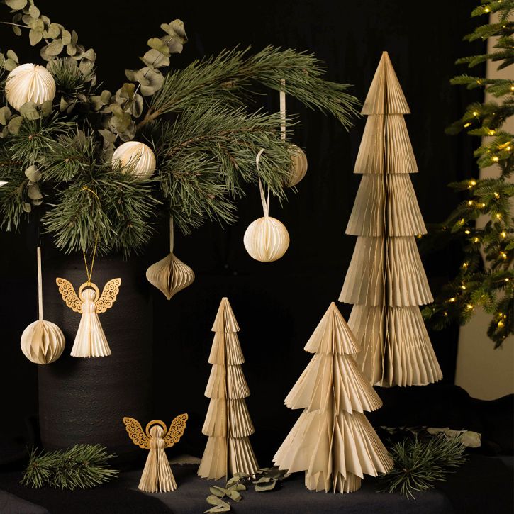 Artículo Árbol de Navidad de papel pequeño crema dorado Al. 30 cm