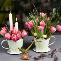 Jardinera, portafiltros de café decorativo, taza de metal para plantar, decoración floral verde, blanco Shabby Chic Al11cm Ø11cm