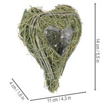 Artículo Corazón decorativo de hierba natural con inserto de lámina metálica, 14 cm, 2 unidades.