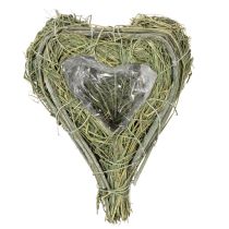 Artículo Corazón decorativo de hierba natural con inserto de lámina metálica, 14 cm, 2 unidades.