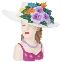Artículo Jarrón con forma de mujer con sombrero y flores, maceta decorativa para interiores y exteriores, 20 cm.