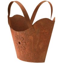 Artículo Bolsa metálica para maceta, maceta decorativa, acabado en óxido con asas, 37 cm de alto.
