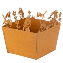 Artículo Maceta metálica con pájaros, plantador, resorte, acabado oxidado, 15,5 cm de alto.