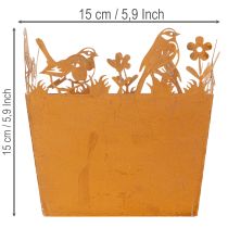 Artículo Maceta metálica con pájaros, plantador, resorte, acabado oxidado, 15,5 cm de alto.