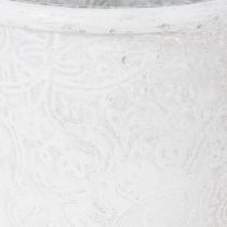 Artículo Maceta con adornos, maceta decorativa, recipiente de metal, blanco, Ø15,5 cm, H14,5 cm