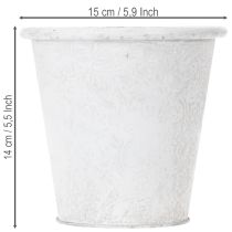 Artículo Maceta con adornos, maceta decorativa, recipiente de metal, blanco, Ø15,5 cm, H14,5 cm