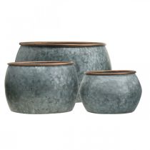 Artículo Maceta decorativa, macetero, recipiente de metal plateado, color cobre aspecto antiguo H22 / 20,5 / 16,5 cm Ø39 / 30,5 / 25 cm juego de 3