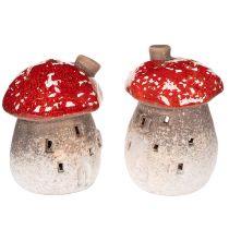 Artículo Figura decorativa de casa de hongos con faro y amanita muscaria con chimenea, 10 cm, 2 unidades.