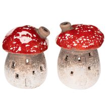 Artículo Figura decorativa de casa de hongos con faro y amanita muscaria con chimenea, 10 cm, 2 unidades.