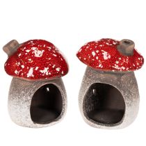 Artículo Figura decorativa de casa de hongos con faro y amanita muscaria con chimenea, 10 cm, 2 unidades.