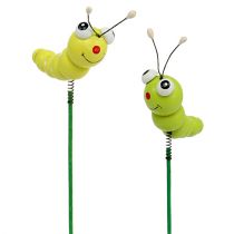 Oruga de madera sobre palo verde, amarillo 8cm 24 piezas