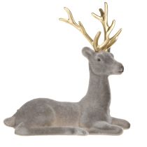 Artículo Decoración de ciervo sentado flocado gris dorado 15×6×15,5cm