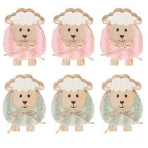 Artículo Decoración de oveja de madera, linda figura decorativa para primavera y Pascua, decoración de mesa, 11 cm, 6 piezas