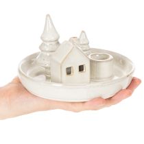 Artículo Portavelas decorativo de cerámica con casa y árboles, 16 cm