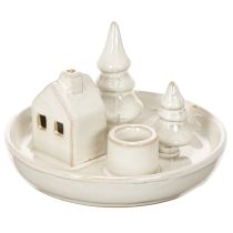 Artículo Portavelas decorativo de cerámica con casa y árboles, 16 cm