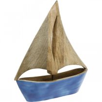 Deco velero madera mango, barco de madera azul H27.5cm