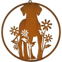 Letrero metálico pátina perro con flores Ø38cm