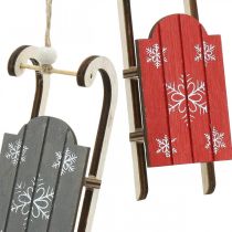 Trineo de madera, decoración de invierno para colgar, decoración de Adviento gris / rojo L13cm 6pcs