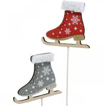 Artículo Deco plug patines de hielo, decoración navideña, plug de madera gris, rojo L32cm 8pcs