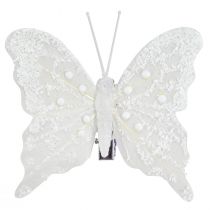 Decoración mariposa en blanco sobre clip 7,5cmx7cm 4 piezas