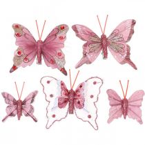Mariposas decorativas con clip, mariposas de plumas rosas 4,5–8cm 10uds