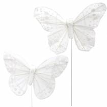 Mariposa de plumas sobre alambre blanco con purpurina 10cm 12pcs