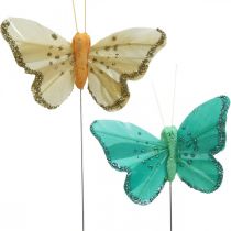 Mariposa con purpurina, tapones decorativos, mariposa de plumas amarillo primavera, turquesa, verde 4×6,5 cm 24 uds.