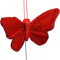 Primavera, mariposas de plumas con mica, mariposa decorativa rojo, naranja, rosa, violeta 4×6,5cm 24uds