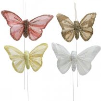 Mariposas con mica, decoración boda, tapones decorativos, mariposa pluma amarillo, beige, rosa, blanco 9,5×12,5cm 12uds