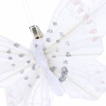 Mariposa de plumas en clip blanco 10cm 12 p
