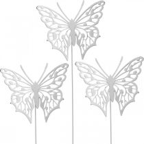 Enchufe de flor mariposa, decoración de jardín de metal, enchufe de planta blanco shabby chic, plata L51cm 3pcs